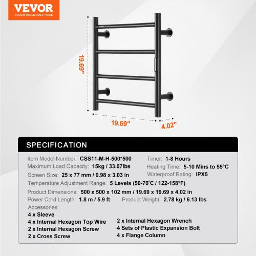 4 Bars Towel Warmer Rack Wall Mounted Heated Towel Rack for Bathroom IPX5