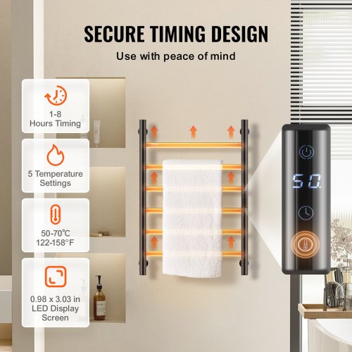 6 Bars Towel Warmer Rack Wall Mounted Heated Towel Rack for Bathroom IPX5