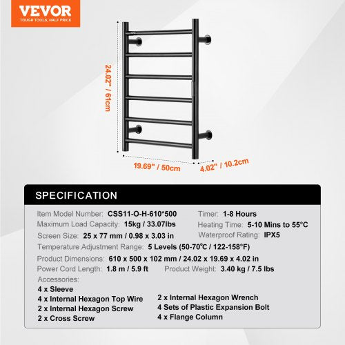 6 Bars Towel Warmer Rack Wall Mounted Heated Towel Rack for Bathroom IPX5