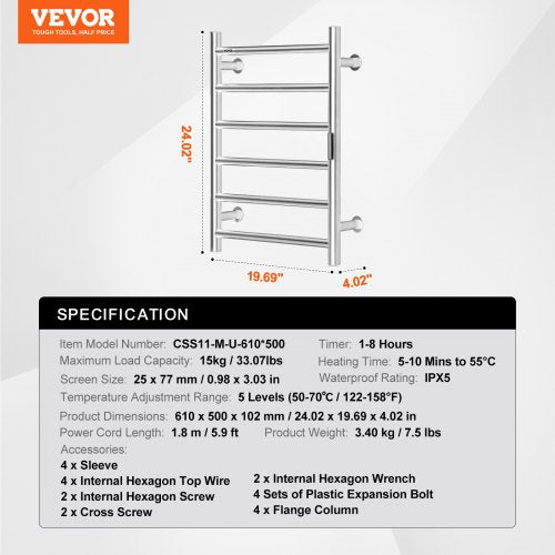 6Bar Towel Warmer Rack Wall Mounted Heated Towel Rack for Bathroom Silver –