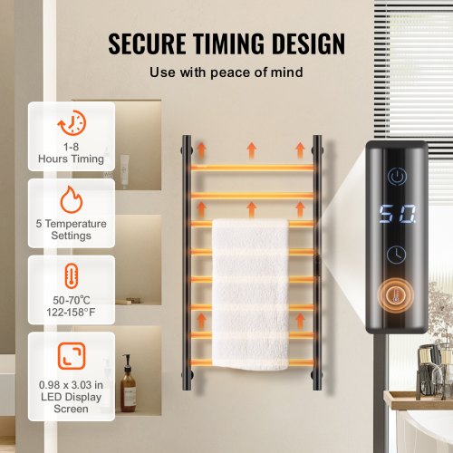 8 Bars Towel Warmer Rack Wall Mounted Heated Towel Rack for Bathroom Black –