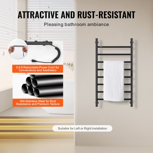 8 Bars Towel Warmer Rack Wall Mounted Heated Towel Rack for Bathroom Black –