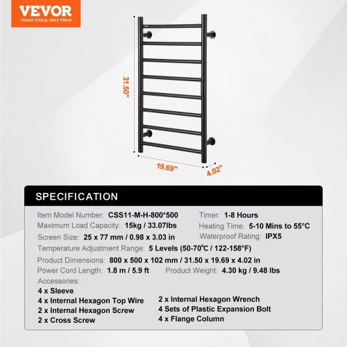 8 Bars Towel Warmer Rack Wall Mounted Heated Towel Rack for Bathroom Black –