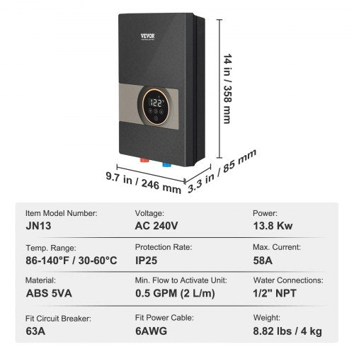 Instant Water Heater 13.8kw Electric Tankless Water Boiler Digital