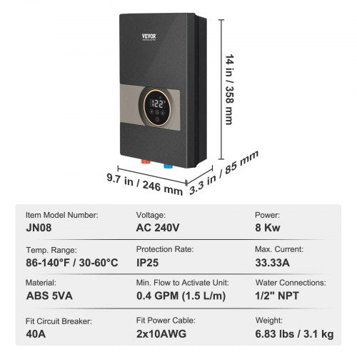 Instant Water Heater 8kw On Demand Electric Tankless Water Boiler Digital