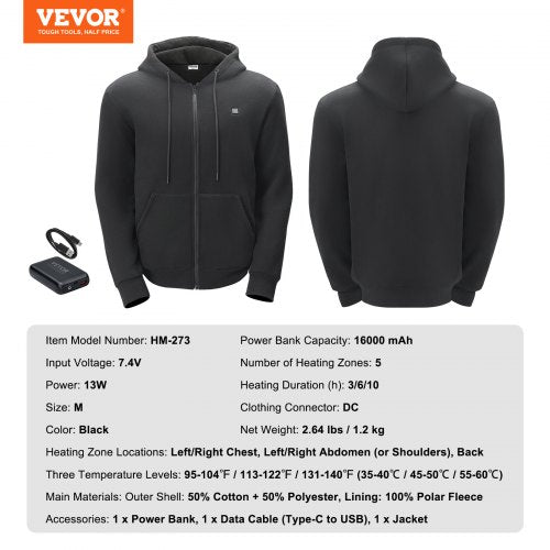 Heated Hoodie Unisex Heated Sweatshirt with Battery Pack 74V Zip Up Electric