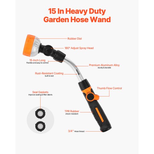 Watering Wand 15Inch Heavy Duty Garden Hose Wand with 8 Spray Patterns