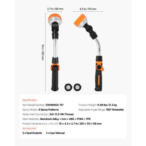 Watering Wand 15Inch Heavy Duty Garden Hose Wand with 8 Spray Patterns