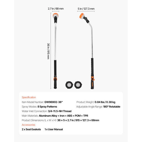 Watering Wand 36Inch Extra Long Heavy Duty Garden Hose Wand with 8 Spray