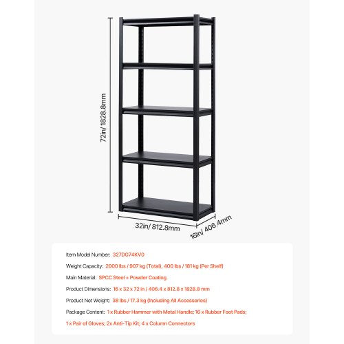 Storage Shelves 2000 lbs 5 Tier Garage Storage Shelving 16 D x 32 W x