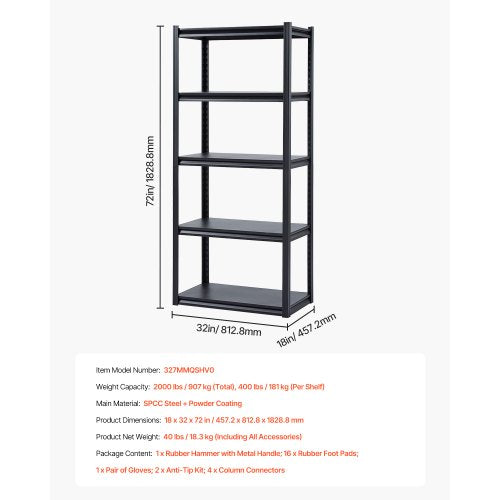 Storage Shelves 2000 lbs 5 Tier Garage Storage Shelving 18 D x 32 W x