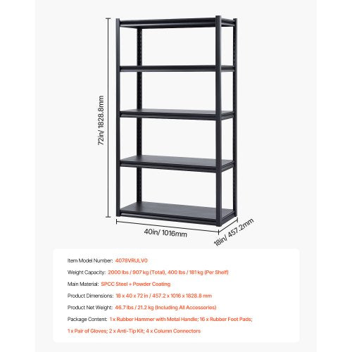 Storage Shelves 2000 lbs 5 Tier Garage Storage Shelving 18 D x 40 W x