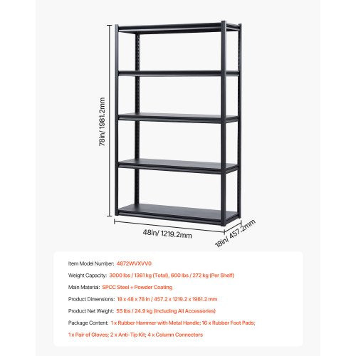 Storage Shelves 3000 lbs 5 Tier Garage Storage Shelving 18 D x 48 W x