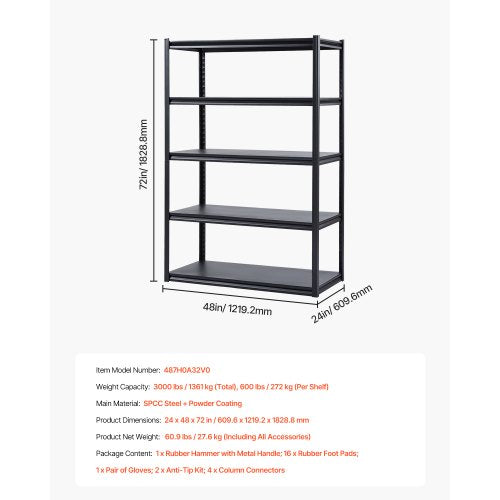 Storage Shelves 3000 lbs 5 Tier Garage Storage Shelving 24 D x 48 W x