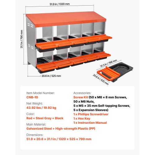 2 Tiers Chicken Nesting Boxes 10 Compartments Metal Egg Laying With Protective