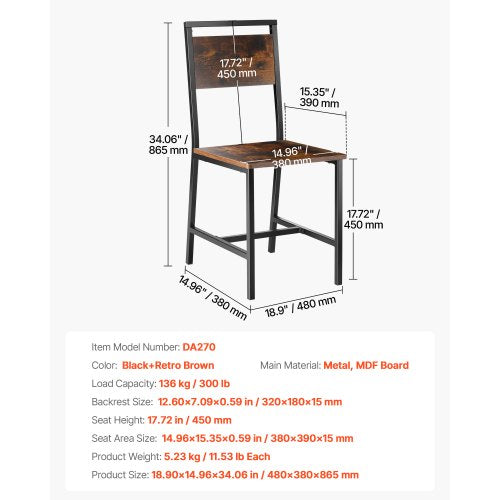 Dining Chairs Set of 2 Wooden Table Chairs with Metal Frame and Backrest