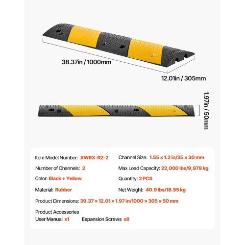 40 in Rubber Speed Bump 2 Pack 2 Channel Heavy Duty Traffic Speed Hump