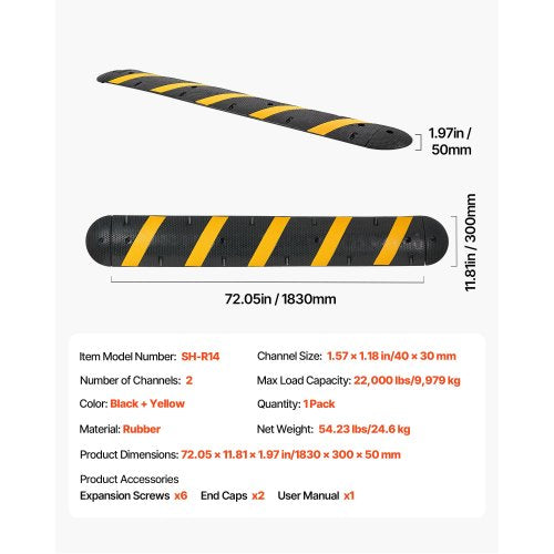 6FT Rubber Speed Bump 2 Channel Heavy Duty Traffic Speed Hump 22000