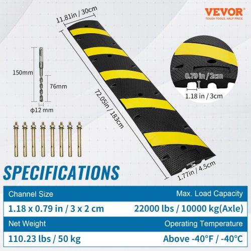 2PCs 6 ft72 Rubber Speed Hump 2 Channel 22000 lbs Capacity Heavy Duty