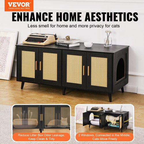 Cat Litter Box Enclosure Wooden Litter Box Furniture Hidden 2 Rooms Black –