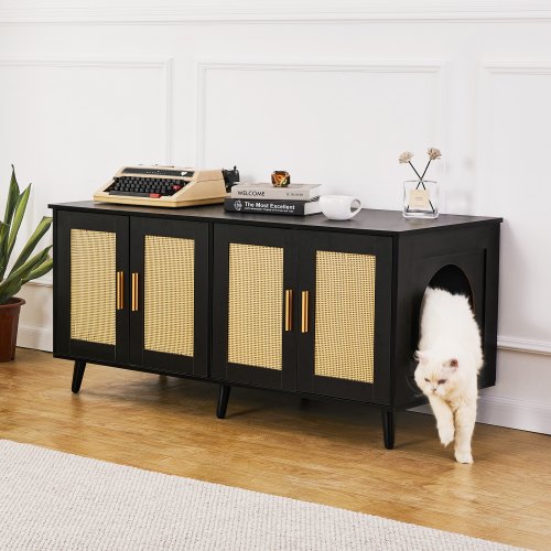 Cat Litter Box Enclosure Wooden Litter Box Furniture Hidden 2 Rooms Black –