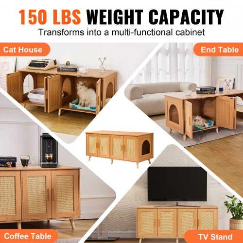 Cat Litter Box Enclosure for 2 Cats Litter Box Furniture Hidden with Rattan
