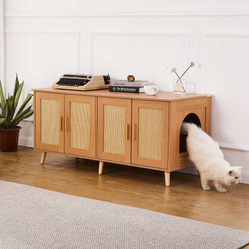 Cat Litter Box Enclosure for 2 Cats Litter Box Furniture Hidden with Rattan