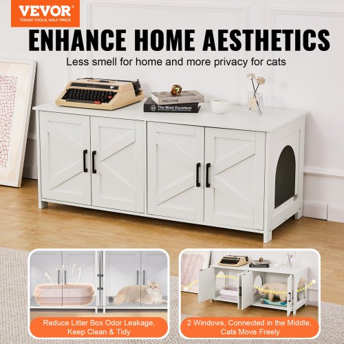 Cat Litter Box Enclosure Wooden Litter Box Furniture Hidden 2 Rooms White –