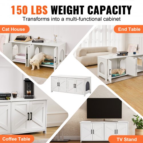 Cat Litter Box Enclosure Wooden Litter Box Furniture Hidden 2 Rooms White –