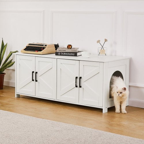 Cat Litter Box Enclosure Wooden Litter Box Furniture Hidden 2 Rooms White –