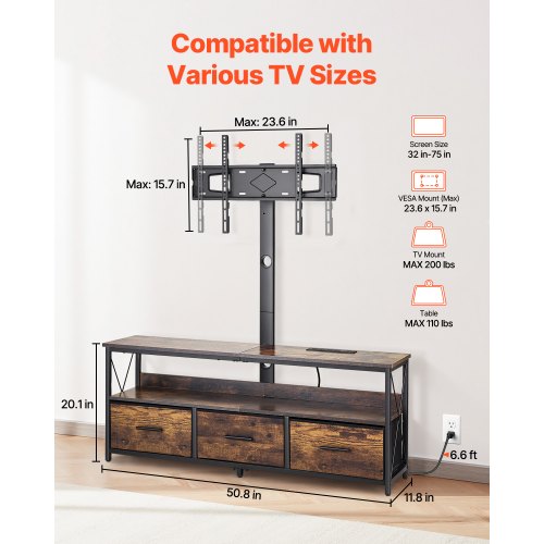 52 TV Stand with Mount for up to 75 in TVs Entertainment Center with Power