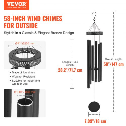 Wind Chimes for Outside 58 in Deep Tone Wind Chimes with 6 Tubes Unique