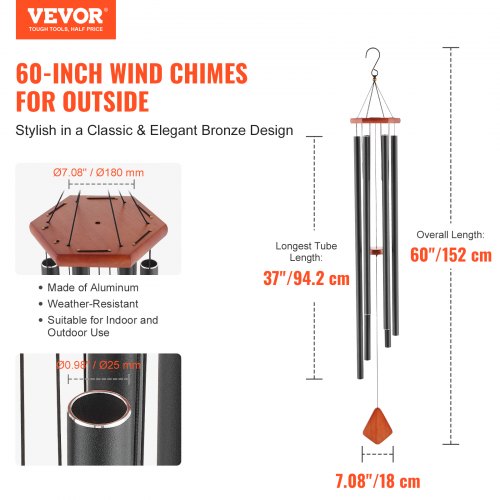 Wind Chimes for Outside 60 in Deep Tone Wind Chimes with 6 Tubes Unique