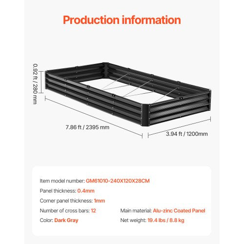 Metal Raised Garden Bed 8 x 4 x 1 ft Outdoor Galvanized Planter Box with Open