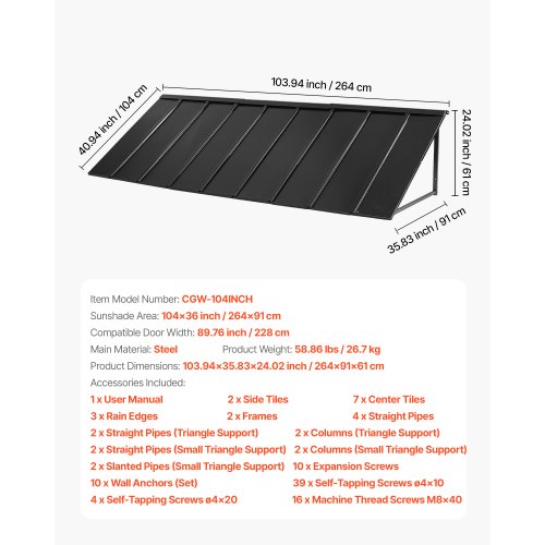 Fixed Metal Awning 104 x 36 in Window Awning Door Canopy Stable Triangle