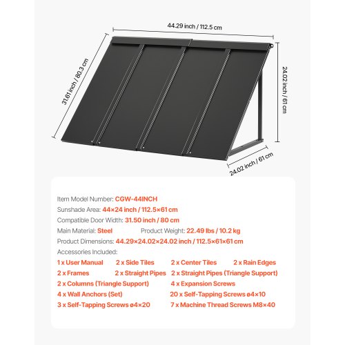 Fixed Metal Awning 44 x 24 in Window Awning Door Canopy Stable Triangle