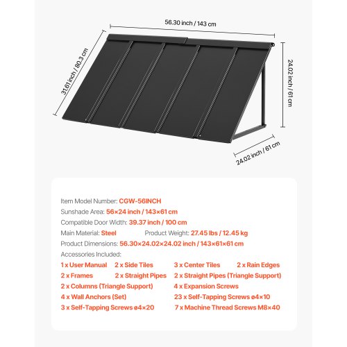Fixed Metal Awning 56 x 24 in Window Awning Door Canopy Stable Triangle