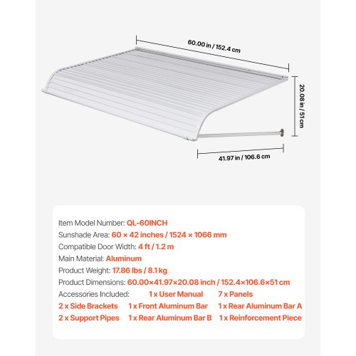 Aluminum Awning 60 x 42 in Durable Window Awning Door Canopy Lightweight