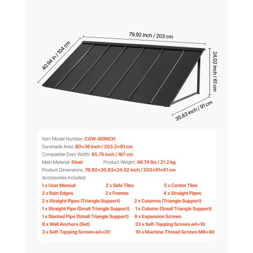 Fixed Metal Awning 80 x 36 in Window Awning Door Canopy Stable Triangle