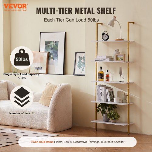 Industrial Square Pipe Shelf 5 Tier 24x118in WallMount Gold White  600MM