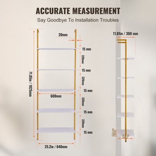Industrial Square Pipe Shelf 5 Tier 24x118in WallMount Gold White  600MM