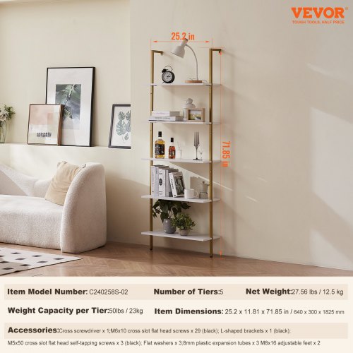 Industrial Square Pipe Shelf 5 Tier 24x118in WallMount Gold White  600MM