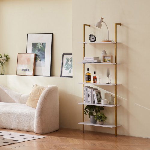 Industrial Square Pipe Shelf 5 Tier 24x118in WallMount Gold White  600MM