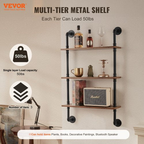 Industrial Pipe Shelf 3 Tier 24x787in WallMount Floating Rustic Wood