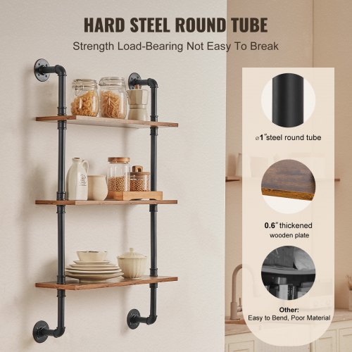 Industrial Pipe Shelf 3 Tier 24x787in WallMount Floating Rustic Wood