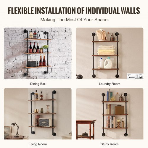 Industrial Pipe Shelf 3 Tier 24x787in WallMount Floating Rustic Wood