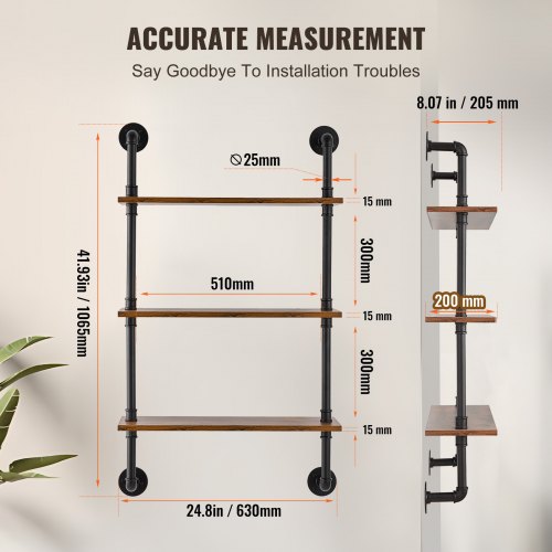 Industrial Pipe Shelf 3 Tier 24x787in WallMount Floating Rustic Wood