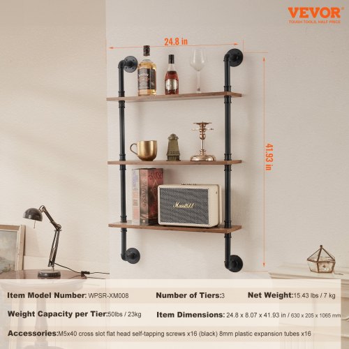 Industrial Pipe Shelf 3 Tier 24x787in WallMount Floating Rustic Wood