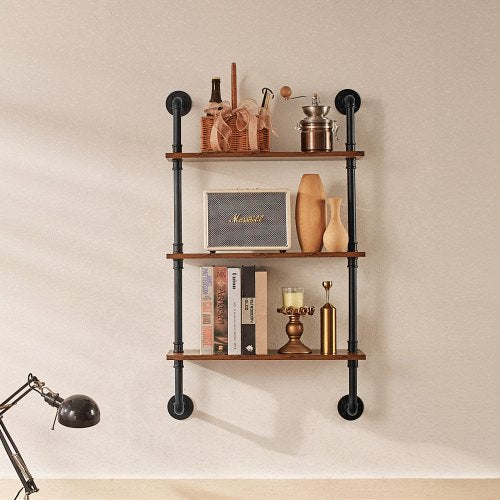 Industrial Pipe Shelf 3 Tier 24x787in WallMount Floating Rustic Wood