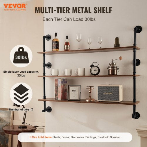 Industrial Pipe Shelf 3 Tier 48x984in WallMount Floating Rustic Wood
